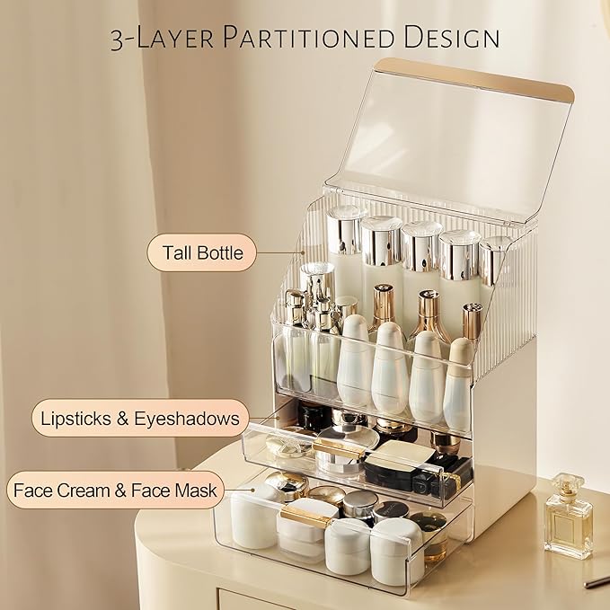 JOYMOOP Makeup Organizer with Transparent Cover, Skincare, Lipstick and Perfume Storage, Cosmetic Organizer, Makeup Box for Bathroom Countertop or Vanity Desk, White & Gold