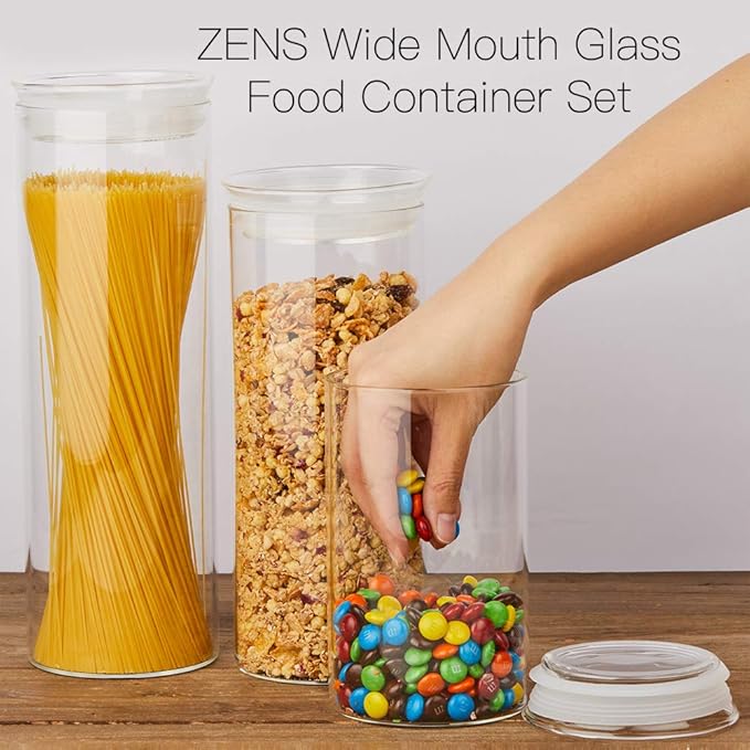 ZENS 37oz Glass Jars Set of 2, Clear Glass Kitchen Canisters with Airtight Lids, Wide Mouth Glass Storage Containers for Cereal, Coffee Beans, Loose Tea