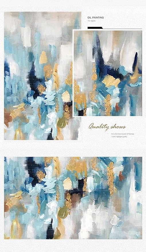 Large Blue and Gold Abstract Wall Art for Office. Hand-Painted Abstract Oil Painting for Living Room. Framed Blue Wall Painting Contemporary for Bedroom Home Decoration Ready to Hand 40x40inches