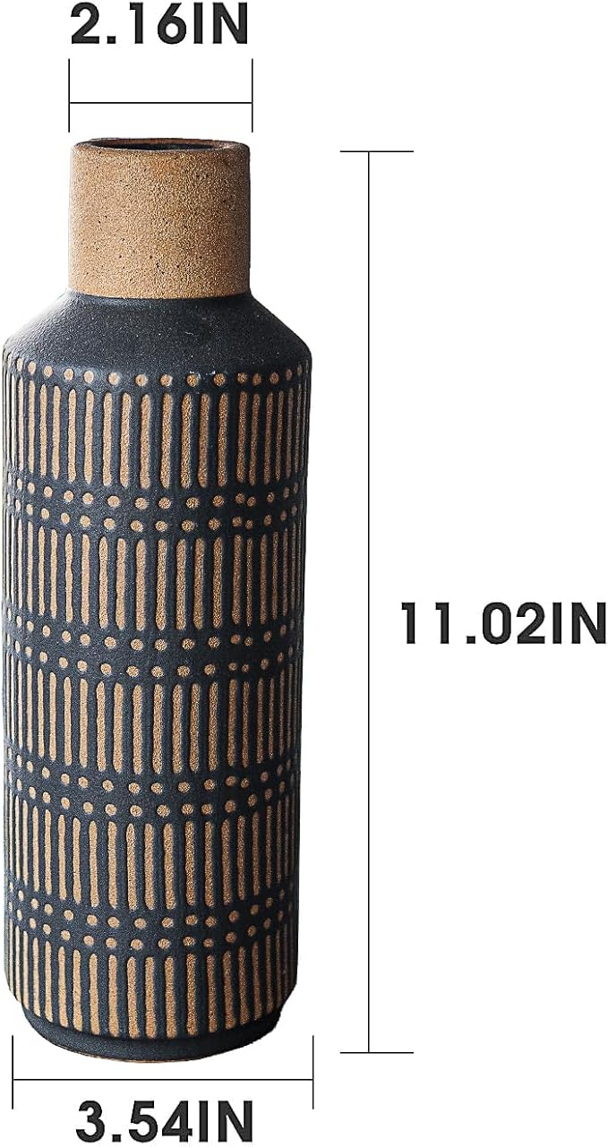 Rustic Ceramic Vase for Living Room Bedroom 11.02'' Antique Black Flower Vase for Bouquet Fake Plant Home Decor Office Table Shelf Fireplace Centerpieces Retro Vintage Classic Modern