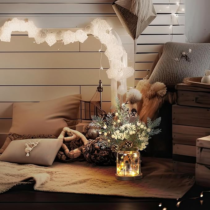Rustic Vintage Glass Farmhouse Vase with LED Lights, Christmas Home Decor for Winter with White Berry & Pine Cones, Farmhouse Vase for Decor, Home Decor Floral Arrangement Gift