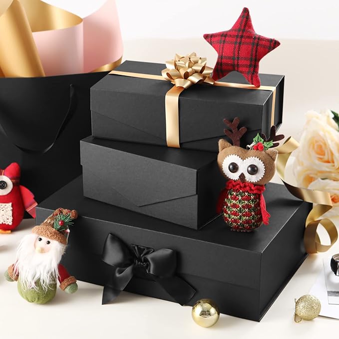 JINMING Gift Box with Ribbon 9x6.5x3.8 Inches, Black Box for Gifts, Groomsman Proposal Box for Mother's Day, Father's Day, Collapsible with Magnetic Closure