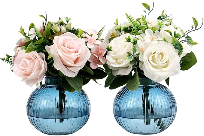 Round Glass Vases, Set of 2 Small Vases for Flowers, Blue Glass Vase for Tulips, Modern Vase for Living Room, Office, Coffee Table, Shelf, Wedding, 5 Inches