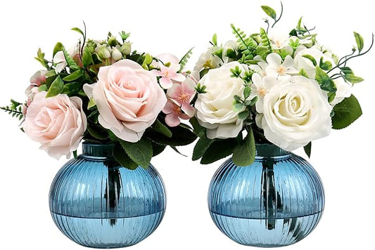 Round Glass Vases, Set of 2 Small Vases for Flowers, Blue Glass Vase for Tulips, Modern Vase for Living Room, Office, Coffee Table, Shelf, Wedding, 5 Inches