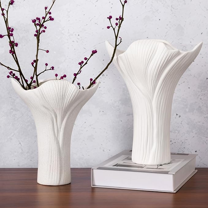 Ceramic Vase Set of 2 - White Tree Bark Textured Vases for Modern Farmhouse & Centerpiece Decor, Nature-Inspired Flower Vase for Home, Office, Wedding (Gift Ready)