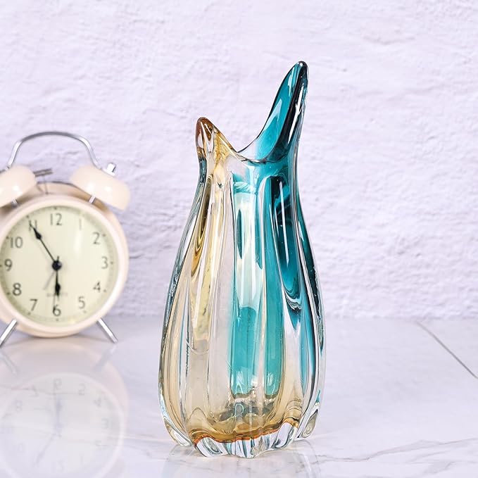 orenm Hand Blown Glass Vase,Unique Wide Glass vase,Modern Colorful Turquoise Glass Art Decor,Amber and Teal Vases for Office,Living Room,Dining Table Table Centerpieces Decorative (Horn-M)