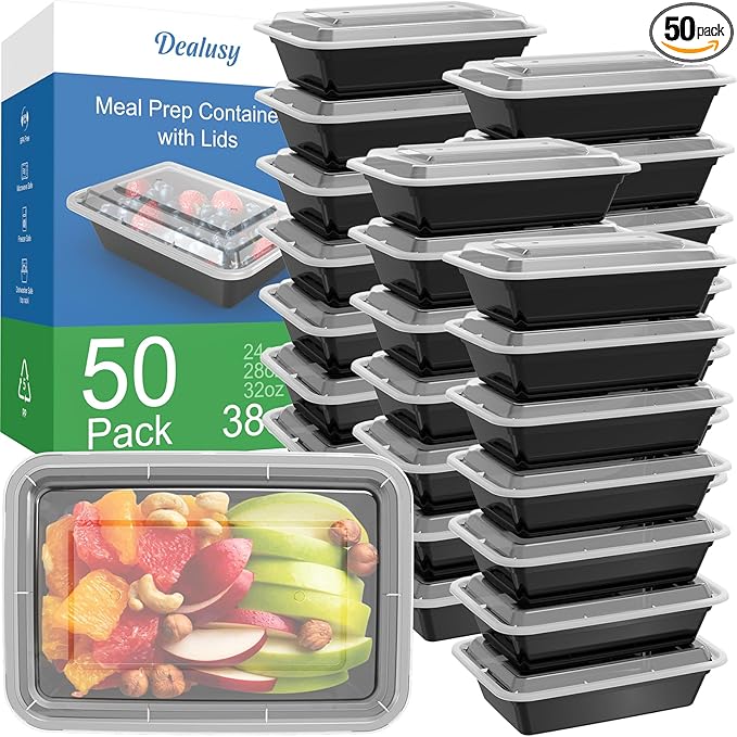 50 Pack (100-Piece) 38 oz Meal Prep Containers Reusable with Lids, Sturdy Leakproof & Food Safe, Microwave, Freezer, Dishwasher Safe Prep Containers, To Go Take Out Plastic Food Storage