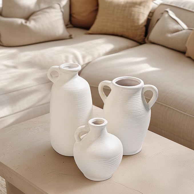 White Ceramic Vase, Rustic Farmhouse Vase with Handle, Pottery Vases for Flower, Farmhouse Decor, Centerpiece Table Decorations, 6 inch