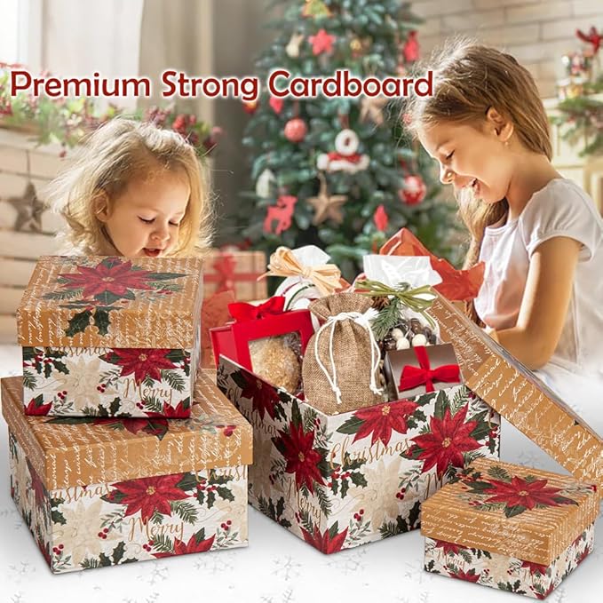 Square Gift Boxes with Lids 4PCS Christmas Gift Box for Presents Nesting Assorted Sizes Present Boxes for Christmas Birthday Valentines Party Gift Wrap