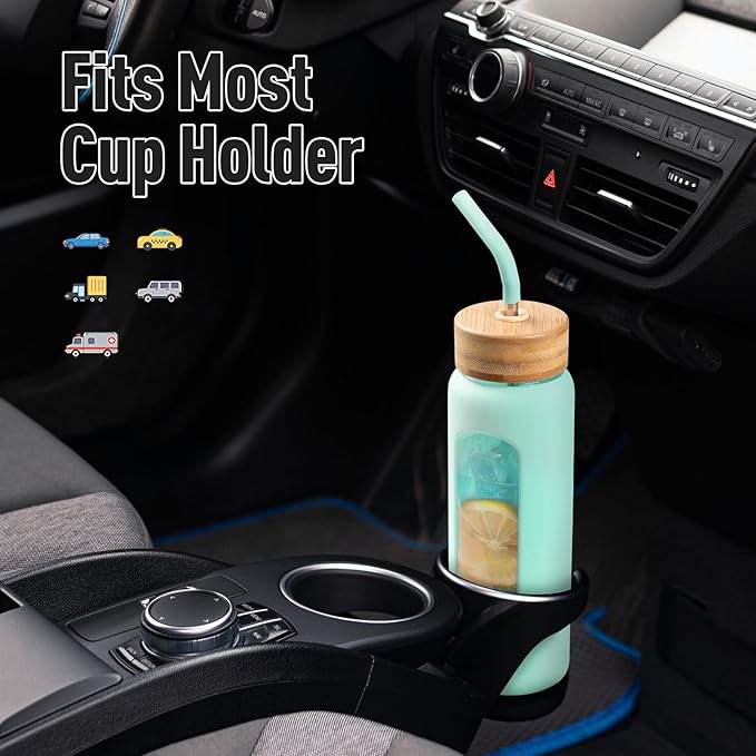 24oz Glass Water Bottle with Straw and 2 Lids-Bamboo and Spout Lid, Borosilicate Glass Water Bottle with Silicone Sleeve and Time Marker,BPA Free & Cupholder Friendly,Mint Green