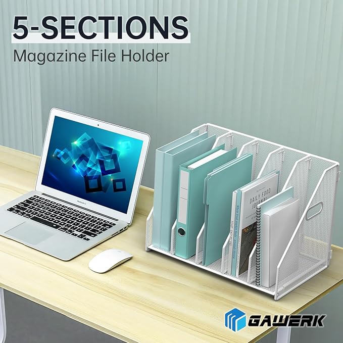Desk File Organizer Metal Desk Magazine Folder Holder with 5 Vertical Compartments Rack File Organizer for Office, Home, School (White)