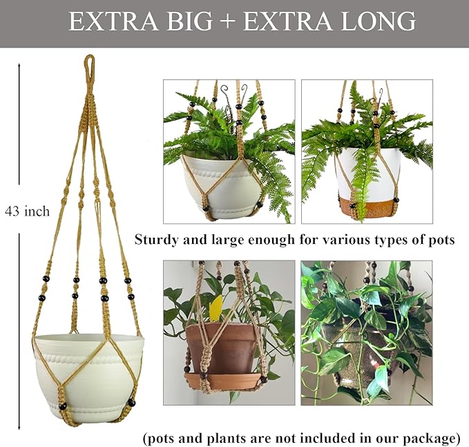 43 Inch Macrame Plant Hanger Large for up to 12 Inch Pot Extra Long Hanging Plant Holder No Tassels Jute Rope Hanging Planter Basket for Indoor Outdoor Boho Decor, Brown 1 Pack