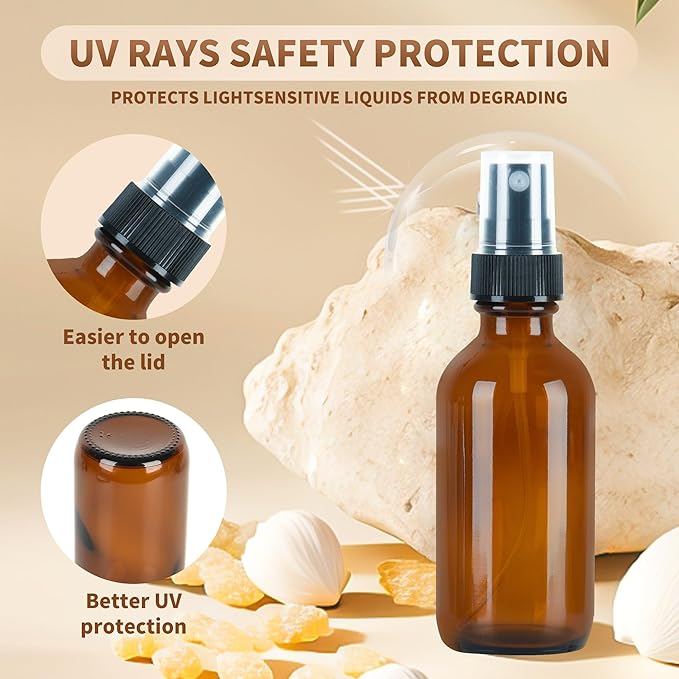 BILLIONSTARS 48 Pack 2oz Glass Boston Round Bottle with Fine Mist Sprayer - Amber - Essential Oils, Bath, Beauty, Hair & Cleaning - Leakproof Travel Bottles