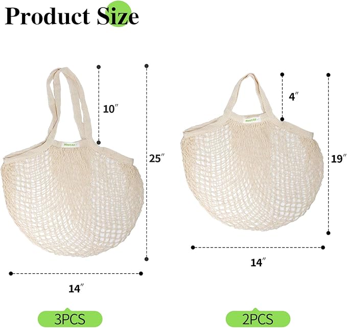 meetall Mesh Grocery Bags, Reusable Tote Bags with Sturdy Handle, Washable, Eco Friendly, Cotton String Net, for Shopping and Storage Fruit Vegetable (5 Pack, 2 Size,Off White)