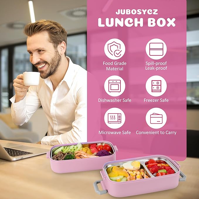Bento Lunch Box for Kids Women Men, 47oz 2-Compartment Snack Salad Metal Food Prep Pack Container for Lunch, Stainless Steel 2 Layers Stackable Lunch Containers with Lids for Adults and Teens Pink