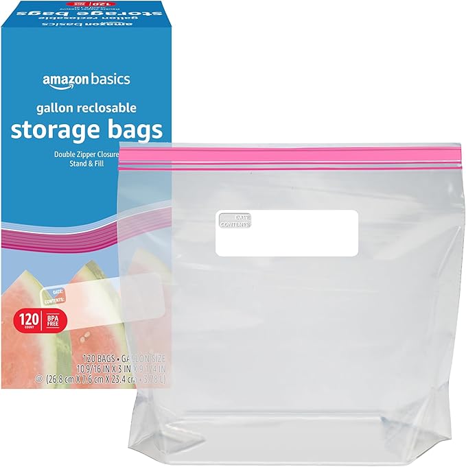 Amazon Basics Reclosable Gallon Food Storage Bags, BPA Free, 120 Count