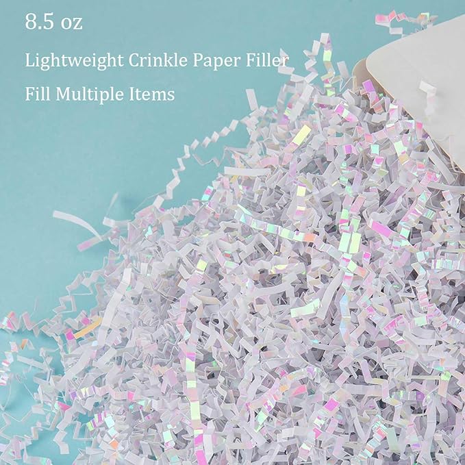 8.5oz Crinkle Paper Filler, Gift Baskets Gift Boxes Crafts Shredded Cut Paper Packaging Decorative Stuffing & Cushioning Confetti for Easter Birthday Wedding Party Favor Diamond White