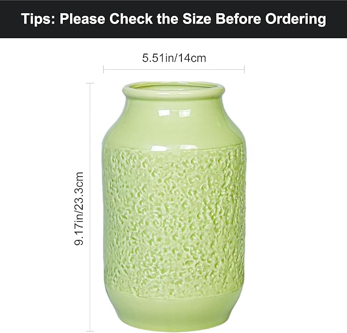 Green Ceramic Vase for Flowers, 9 inch Decorative Vase for Pampas Grass, Modern Texture Vases for Home Decor, Table Shelf Living Room Kitchen Living Room Decor