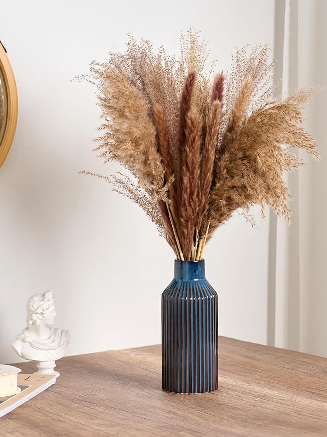 Blue Ceramic Flower Vase, Minimalist Decor, Modern Home Decorative Vase, 8 Inch Small Pampas Grass Vases for Kitchen, Bedroom, Office, Living Room, Bathroom, Shelf Centerpiece Table