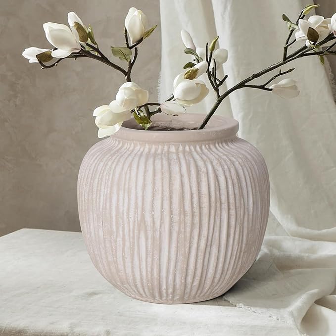 Oakrain Large Rustic Minimalist Vase, 9" Distressed Round Floor Vase for Home Decor, Farmhouse Centerpieces Planters for Living Room Indoor Outdoor Use, Vintage White