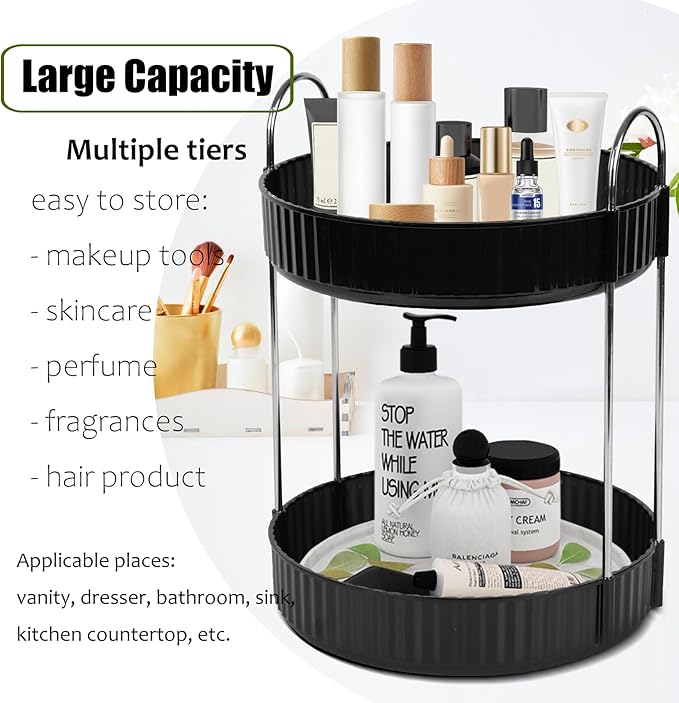 Rotating Makeup Organizer Countertop 2 Tier Lazy Susan Trays Spinning Skincare Perfume Storage for Bathroom Counter Vanity, Black