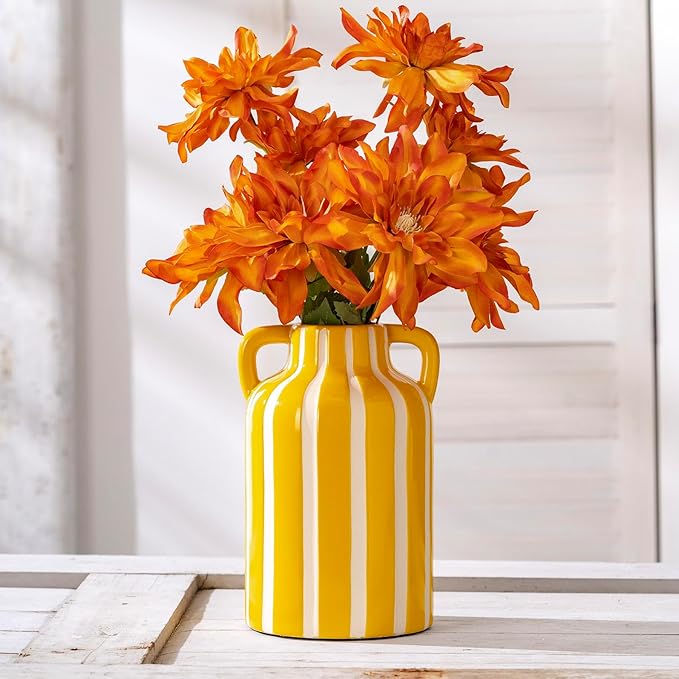 Yellow and White Ceramic Vase with Handles, Stripes Floral Vase for Home Decor, Flowers Kitchen Bookshelf Mantle, Living Room Coastal Decor, Rustic Table Centerpiece, Cottage Core Decor 9.1 in