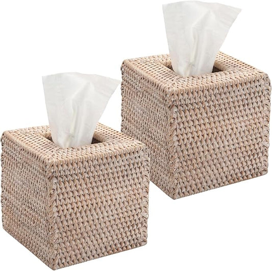 2 Pack Rattan Tissue Box Cover Square, Wicker Tissue Box Holder, Decorative Woven Facial Tissue Holder for Bathroom, Kitchen, Living Room, Bedroom (5.5 x 5.5 x 5.7 inch, Whitewash)