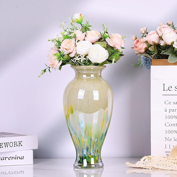 Hand Blown Glass Vase 11.8" Tall Beautiful Green Sea Wide Mouth Bud Vase for Table Centerpiece, Painted Colorful Murano Glass Flower Vases for - Home Entrance Wedding Center
