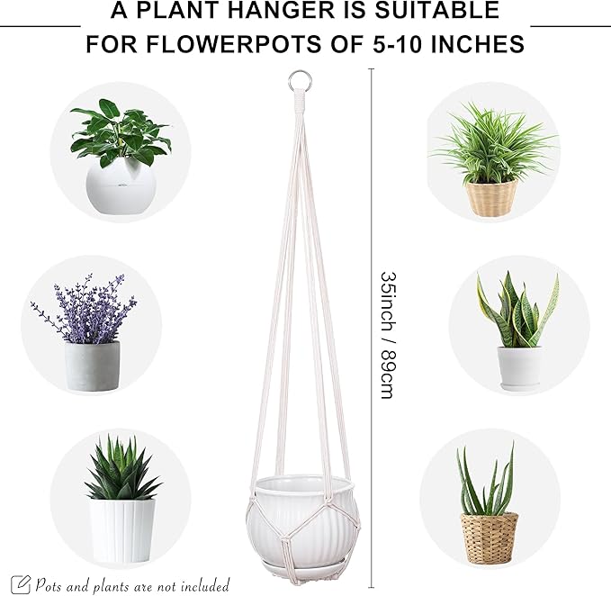 YIBOT Macrame Plant Hanger Indoor Set of 2 with 2 S Hooks, Indoor Outdoor Hanging Planter for Plants Holder with Decorative No Tassels, Boho Home Decor, 35 Inch, Ivory (Pots Not Included)