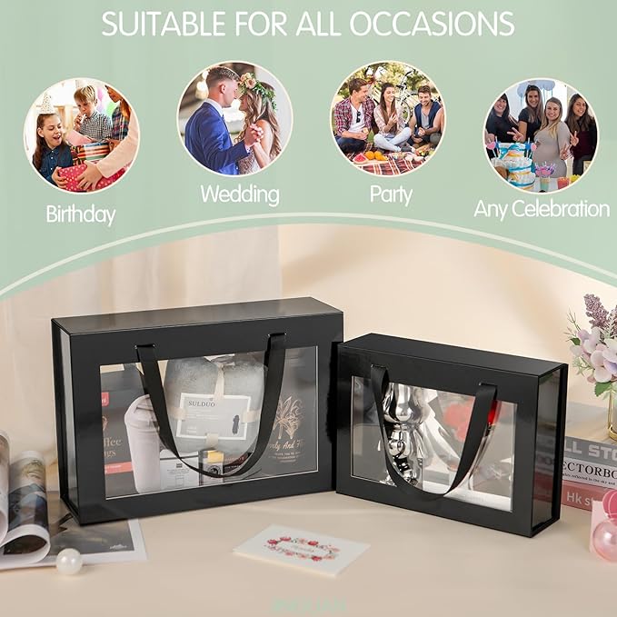 Large Black Clear Gift Box, 14x9x4.1 Inches, Window, Handle, Collapsible, Magnetic Closure, Groomsman Proposal, Bridal Shower, Valentine's Day, Anniversary, Birthday, Business Gifts, 1 Pack