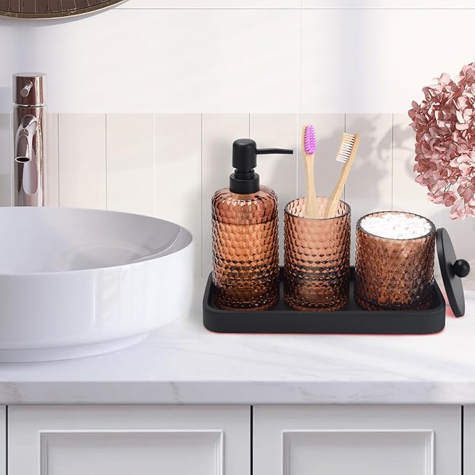 Bathroom Accessories Set,4 Pcs Amber Glass Bathroom Accessories Sets-Lotion Soap Dispenser,Toothbrush Holder,Qtip Holder Dispenser & Resin Vanity Tray,Countertop Vanity Organizer,Amber