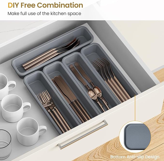 5 Pack Silicone Drawer Organizer for Kitchen, DIY Free Combination Silverware Organizer, Utensil Drawer Organizer, Moisture-proof and Heat-resistant up to 200°C, Anti-slip and Environmentally (Grey)