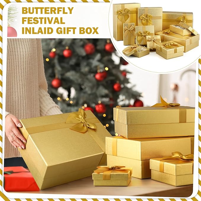 Tenceur 10 Pcs Gift Boxes with Lids Heavy Duty Nested Assorted Sizes Cardboard Gift Boxes for Presents with Ribbon for Xmas Holiday Present(Gold,5 Size)