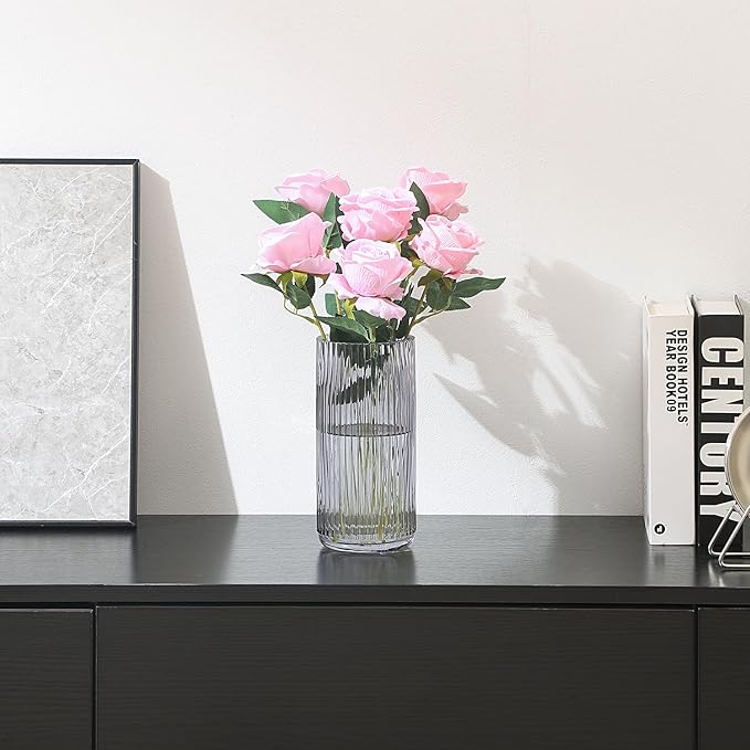 Ribbed Black Glass Vase - 8 Inch Modern Ribbed Vase for Flowers, Living Room, Bathroom, Dining Table, Office, Wedding, Centerpieces