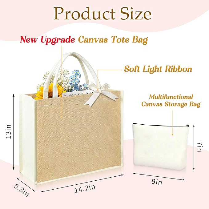 Initial Canvas Tote Bag & Makeup Bag for Women Teacher Bridesmaids，Personalized Present for Wedding, Birthday, Beach