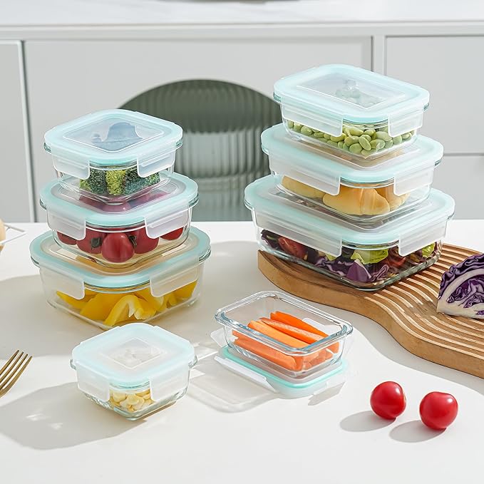 8-piece glass food storage container, glass pre meal preparation container, with sealing cover, suitable for use in microwave ovens, ovens, refrigerators, and dishwashers
