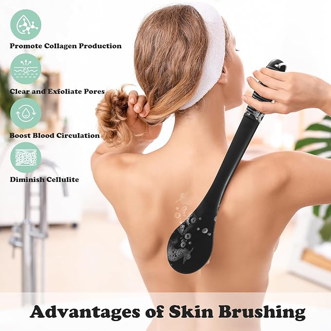 17-Inch Back Scrubber for Shower, Anti-Slip Exfoliating Body Brush for Bath, Gentle Back Brush for Shower for Men, and Women, Cleaning Skin for Smooth, Glowing Skin (Black)