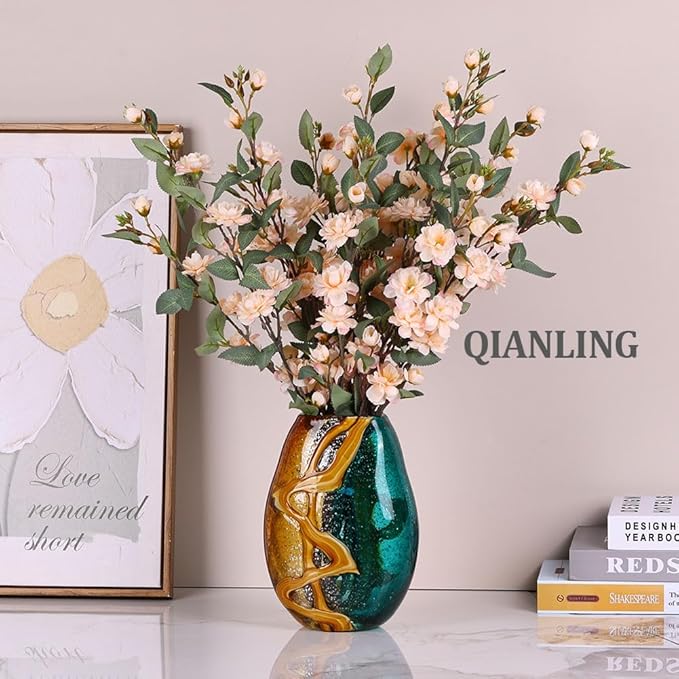 9.8" Hand-Blown Colorful Glass Vase - Green, Blue, Amber, Burnt Orange Decorative Vase for Home Decor - Modern Blue Green Glass for Centerpieces, Weddings, Living Room, Kitchen, Dining, Bedroom Decor