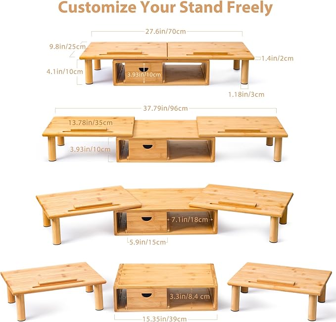 Dual Monitor Stand Riser with Drawer for Desk Laptop Desk Shelf with Adjustable Length and Angle, Bamboo Computer Stand Riser for 2 or 3 Monitors Screen Laptop PC TV -Natural