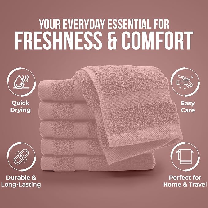 DAN RIVER 12-Pack Premium 100% Cotton Dusty Rose Face Towels – Reusable Face Towel Set, Soft & Absorbent wash Cloths for Your face, Bathroom & Body – Hand and Face Towels, 550 GSM (12x12 in)