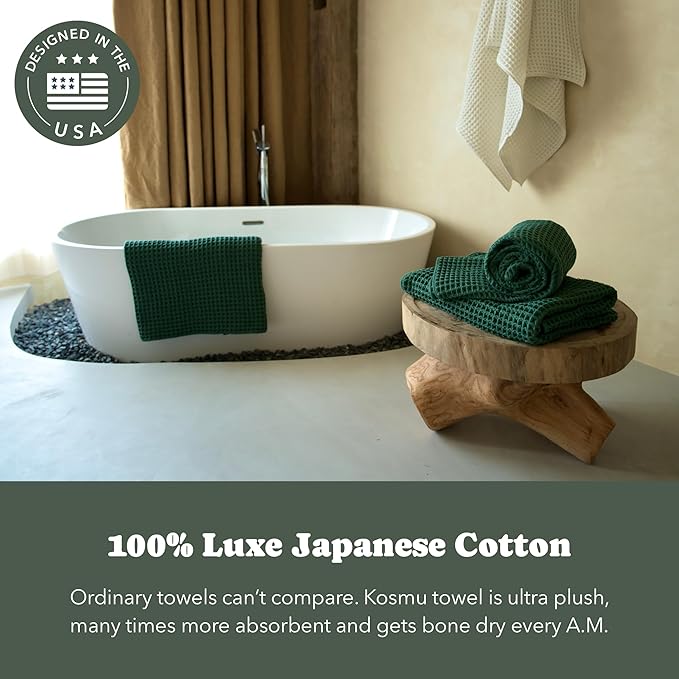 Luxury Japanese Cotton Waffle Bath Towel | Plush, Absorbent, and Quick Dry | Free Storage Bag Included (Forest Green, Bath Towel Set (3-Piece))
