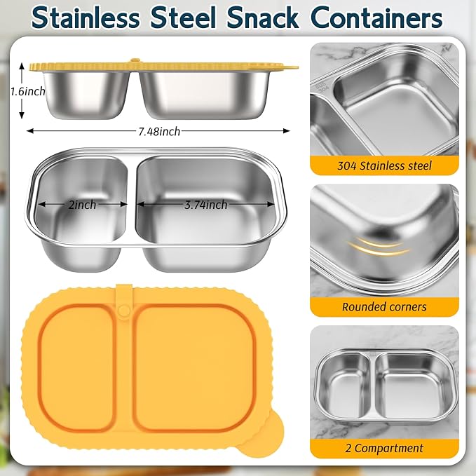 3 Pack Stainless Steel Snack Containers with Silicone Lids, Meal Prep Containers, Reusable 2 Compartment Food Storage Containers, Stainless Steel Box for Lunch, Office, Travel