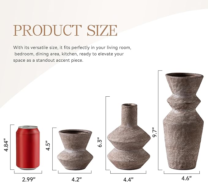 Ceramic Vase Home Table Decor - Brown Flower Vase Set of 3 Living Room Kitchen Decorations Farmhouse Modern Rustic Vases Decorative Centerpiece for Shelf Bedroom Office Bathroom Dining Coffee Desk