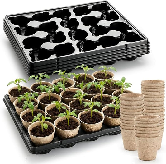 3.15 Inch Peat Pots 100 Pcs with 20 Cell Seedling Trays 5 Pcs, Biodegradable Seed Starter Pots with Drainage, Reusable Nursery Tray for Seed Starting Indoor Gardening Propagation Kit 5 Sets