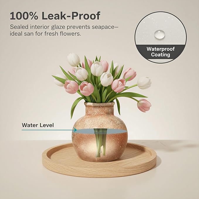 Ceramic Flower Vase, 5.5-Inch Terracotta Pottery Rustic Farmhouse Boho Vase, Handcrafted Decorative Vase for Home Decor, Centerpieces, Table, Living Room, Mantel, Shelf