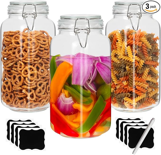 EkkoVla 78 oz Glass Food Storage Jars with Airtight Clamp Lids, Set of 3 Kitchen Canisters, Square Mason Jars Containers for Pasta, Coffee, Candy, Flour, Cereal, Dog Treats, Snacks and Canning