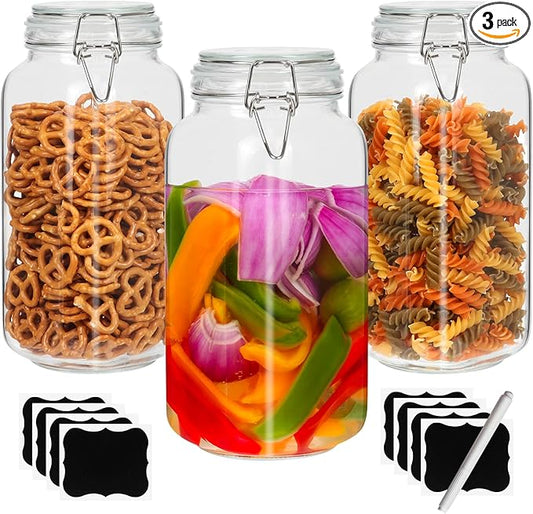EkkoVla 78 oz Glass Food Storage Jars with Airtight Clamp Lids, Set of 3 Kitchen Canisters, Square Mason Jars Containers for Pasta, Coffee, Candy, Flour, Cereal, Dog Treats, Snacks and Canning