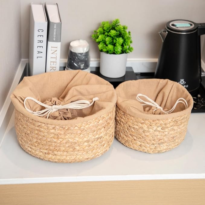 Round Gourd Grass Woven Storage Basket with Liner - Small Woven Baskets for Organizing Kitchens Closet Shelves Bathrooms and Laundry Rooms - Round Basket (One Large)