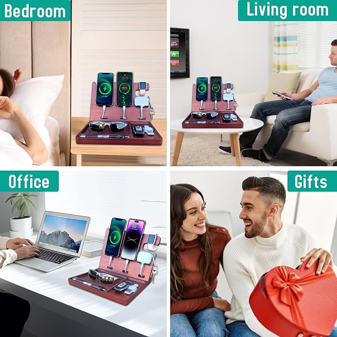 USB Charging Station for Multiple Devices Wood Phone Docking Station with QC3.0 & PD 22.5W Type c Charger Fast Charging for iPhone Samsung Google Andriod Smart Watch Earbuds Gifts for Men