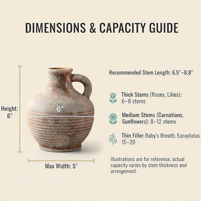 6-Inch Terracotta Ceramic Flower Vase with Handles, Rustic Farmhouse Boho Pottery Centerpiece for Table, Living Room, Shelf & Mantel